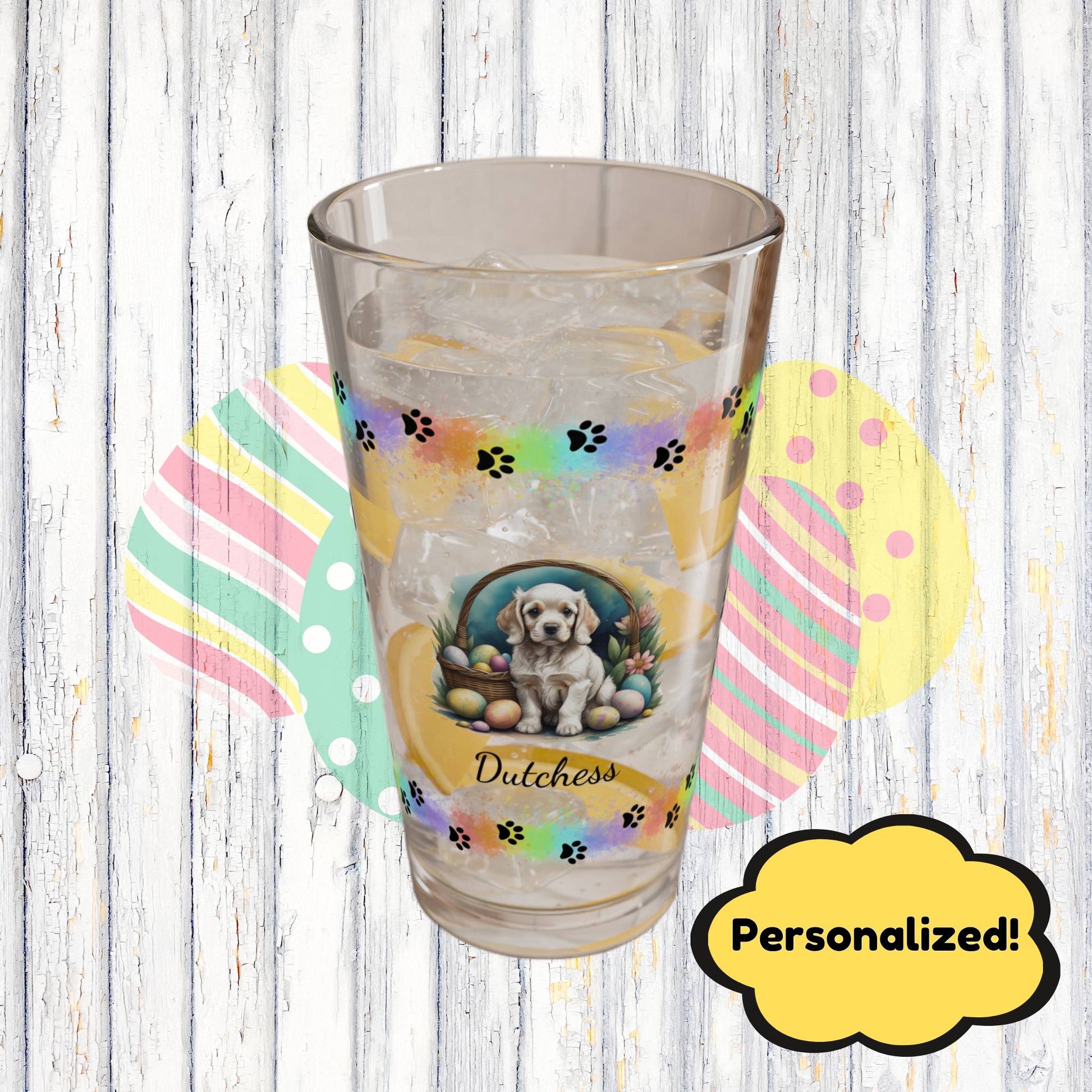 Cocker Spaniel (Light Gold) Personalized Easter Puppy 16oz Pint Glass - Custom Dog Design, Mental Health Gift, Easter Décor, and Festive Celebrations