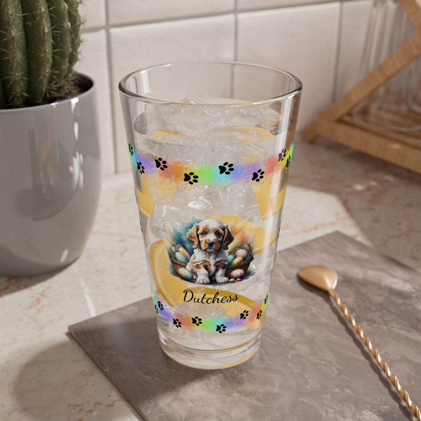 Cocker Spaniel (Orange Roan) Personalized Easter Puppy 16oz Pint Glass - Custom Dog Design, Mental Health Gift, Easter Décor, and Festive Celebrations