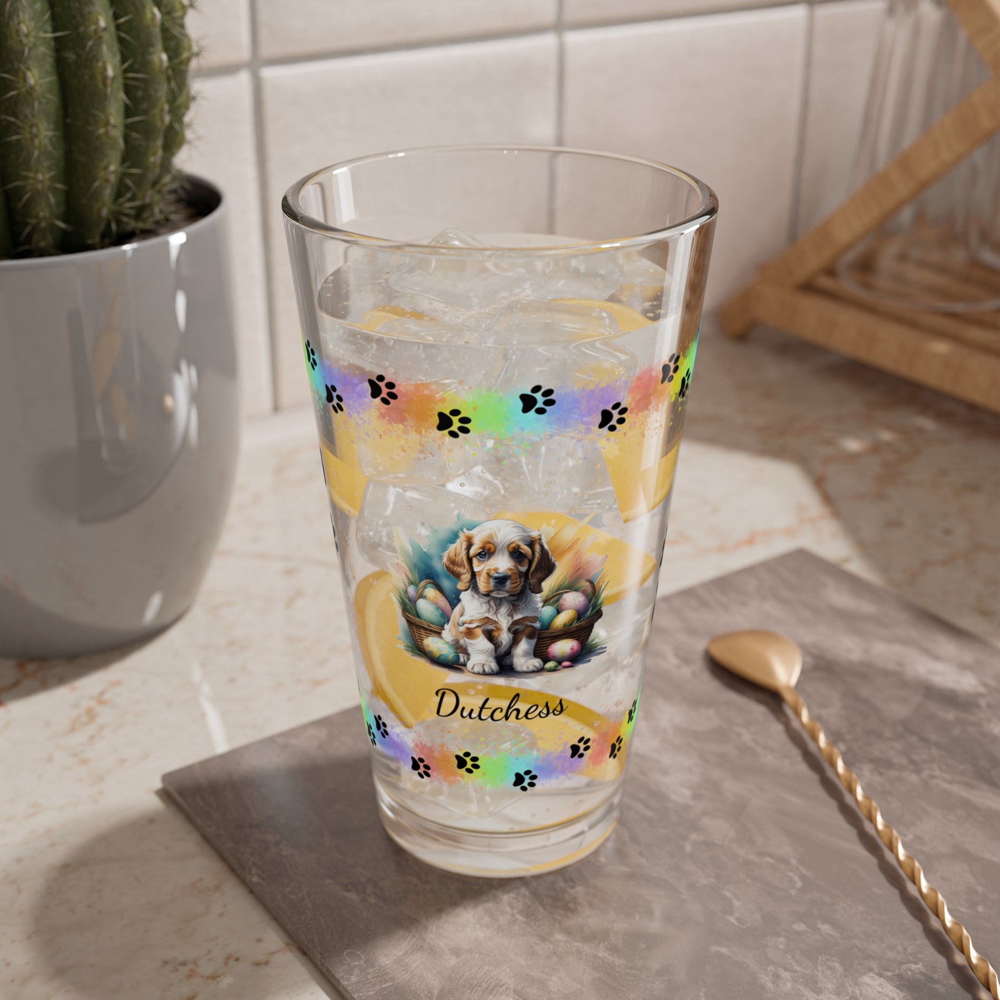 Cocker Spaniel (Orange Roan) Personalized Easter Puppy 16oz Pint Glass - Custom Dog Design, Mental Health Gift, Easter Décor, and Festive Celebrations