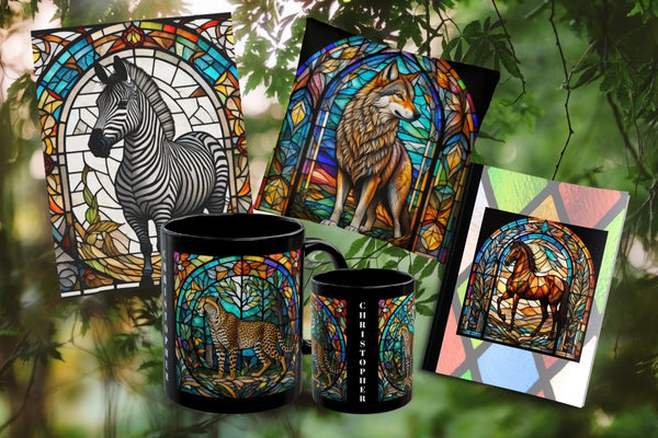 Stained glass-style animal-themed mugs, blankets, pillows and journals on a natural background
