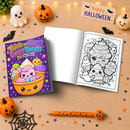 A Halloween-themed coloring book set displayed on a wooden surface with festive props. The set includes a purple cover labeled 'Trick or Treat Sweet Treats 25 Halloween Candy Coloring Pages' and an open interior page showing black-and-white cupcake and ghost illustrations.