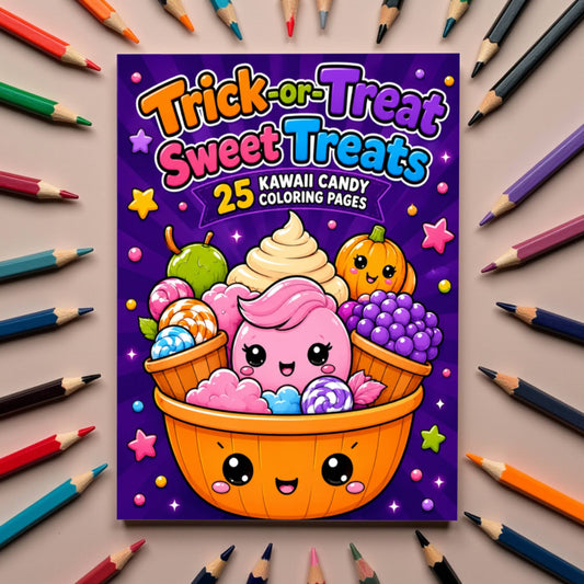 A colorful book or coloring book titled "Trick-or-Treat Sweet Treats" with cartoon candy illustrations on the cover, photographed flat on a beige surface surrounded by colored pencils.