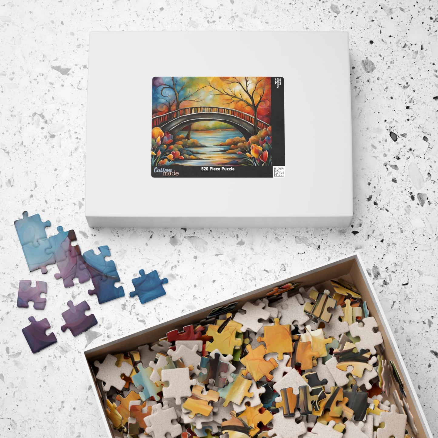 Bridge to Wellbeing - Oil Painting Style Arched Bridge Puzzle with Vivid Autumn Foliage and River
