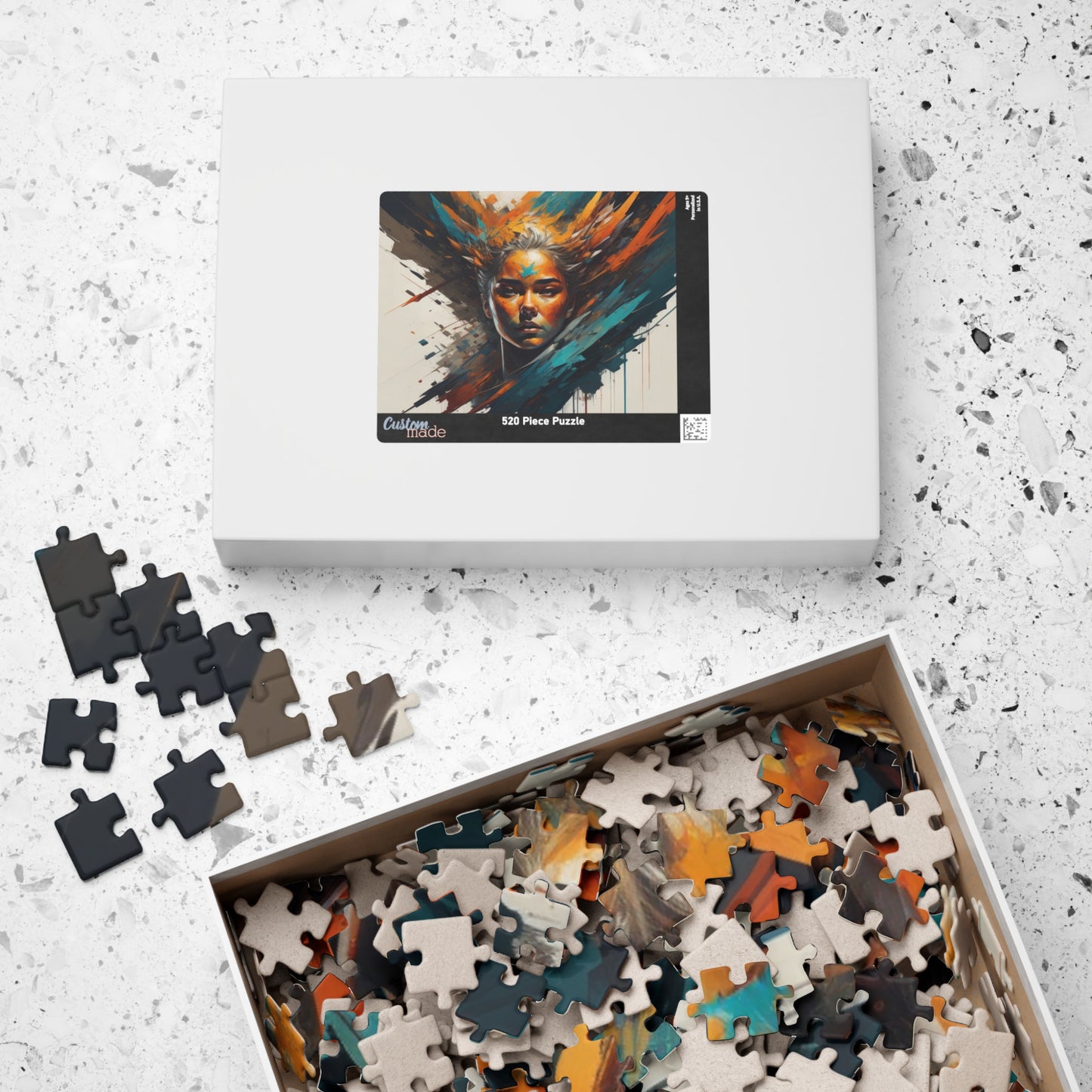 Empowerment Hues - Woman's Portrait Puzzle with Explosive Abstract Brushstrokes in Orange and Teal