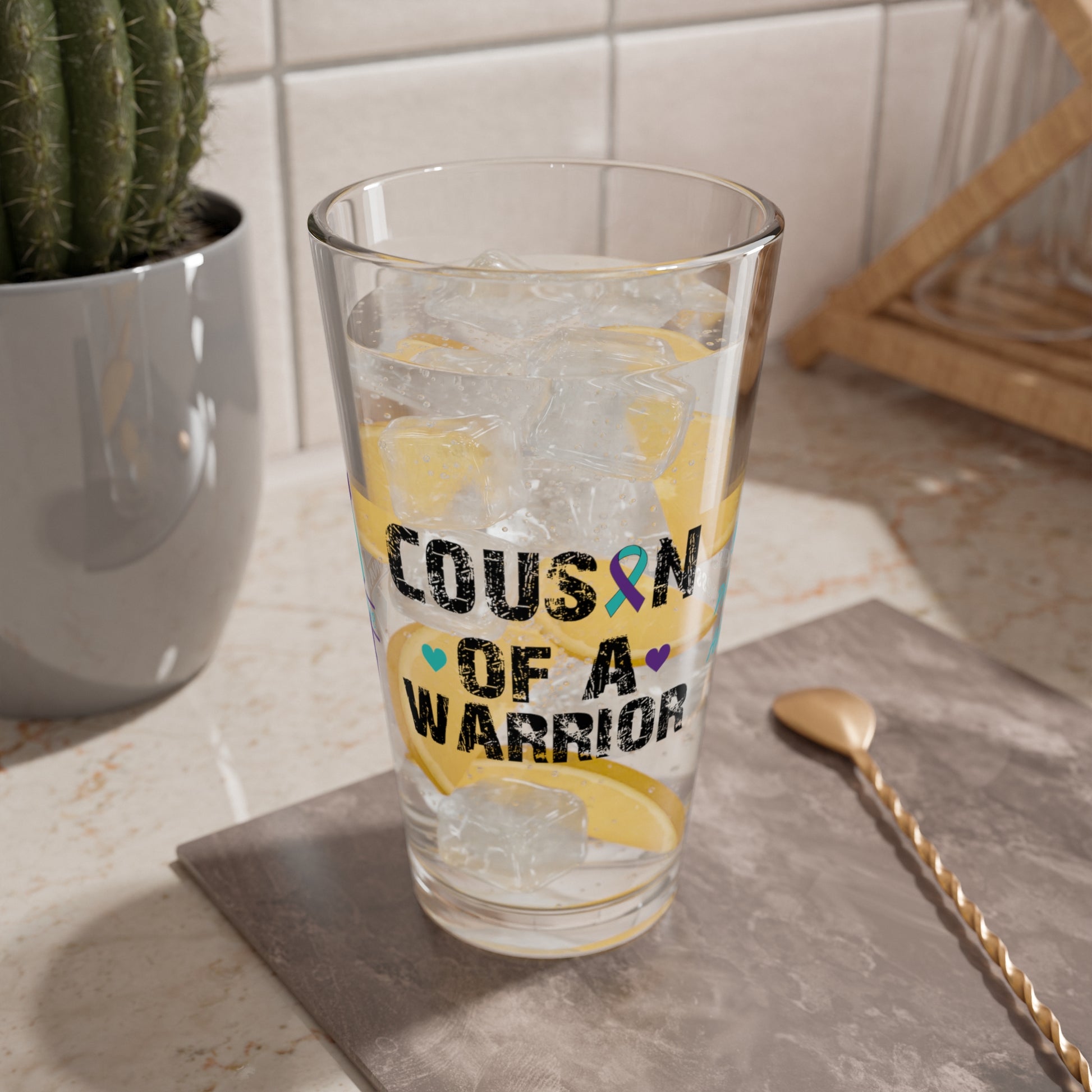 Cousin of a Warrior: Personalized Suicide Prevention Awareness Warrior Pint Glass - Proud Family Member