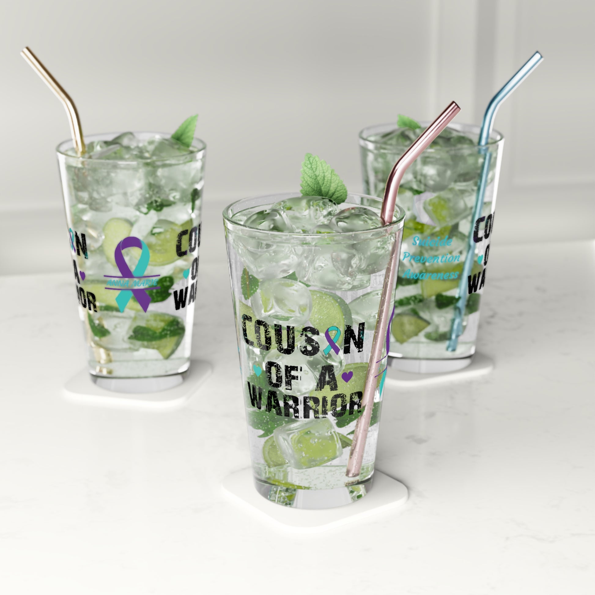 Cousin of a Warrior: Personalized Suicide Prevention Awareness Warrior Pint Glass - Proud Family Member