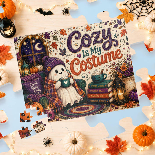 Cozy Is My Costume Halloween puzzle featuring ghost in beanie, books, and cozy autumn decor