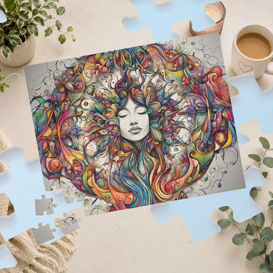 Creative Expression - Psychedelic Woman's Portrait Puzzle with Colorful Swirling Vines and Flowers