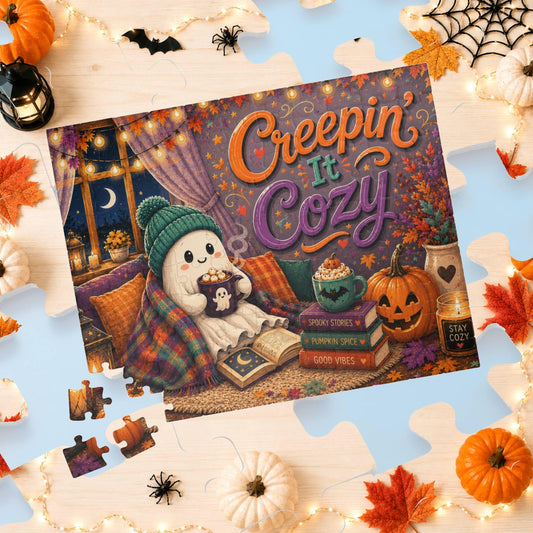 Creepin It Cozy Halloween puzzle with ghost reading by candlelight and pumpkin spice themed books