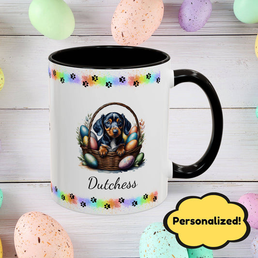 Dachshund: Personalized Easter Puppy Coffee Mug - Adorable Dog Design, Mental Health Gift, 11oz & 15oz, 12 Color Choices, Easter Gifts & Décor