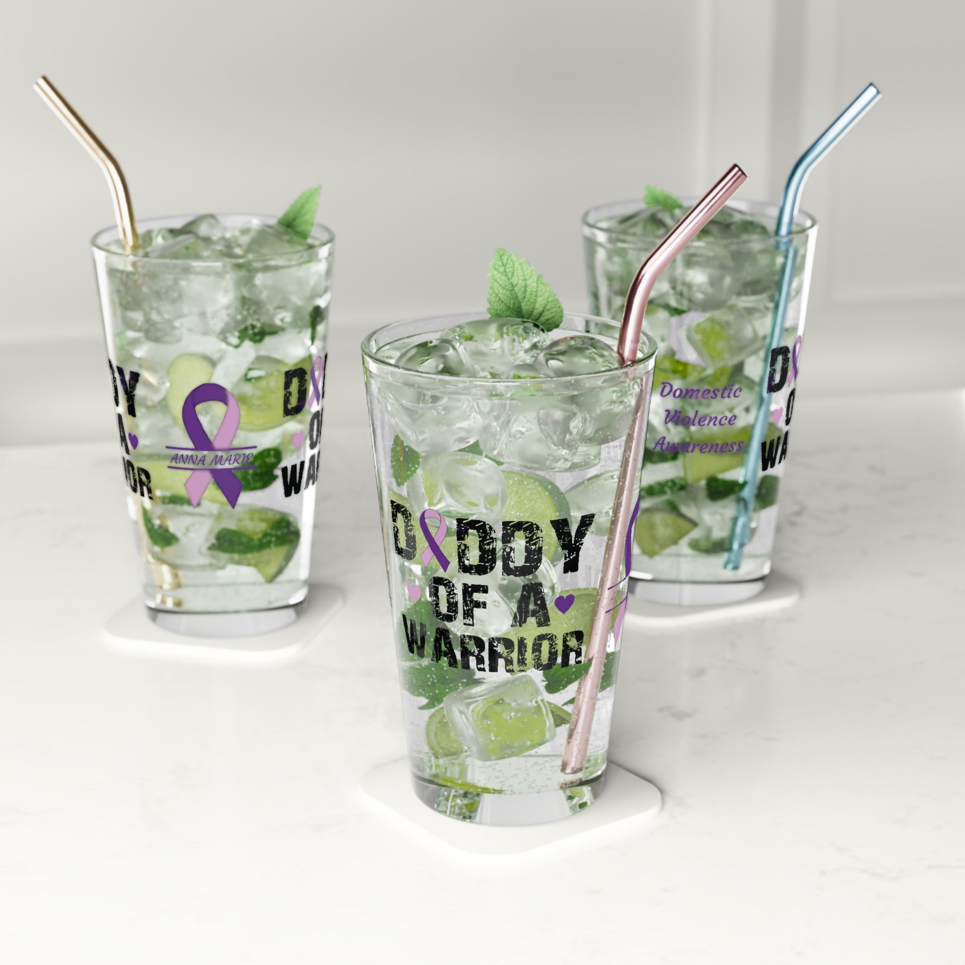 Daddy of a Warrior: Personalized Domestic Violence Awareness Warrior Pint Glass - Proud Family Member