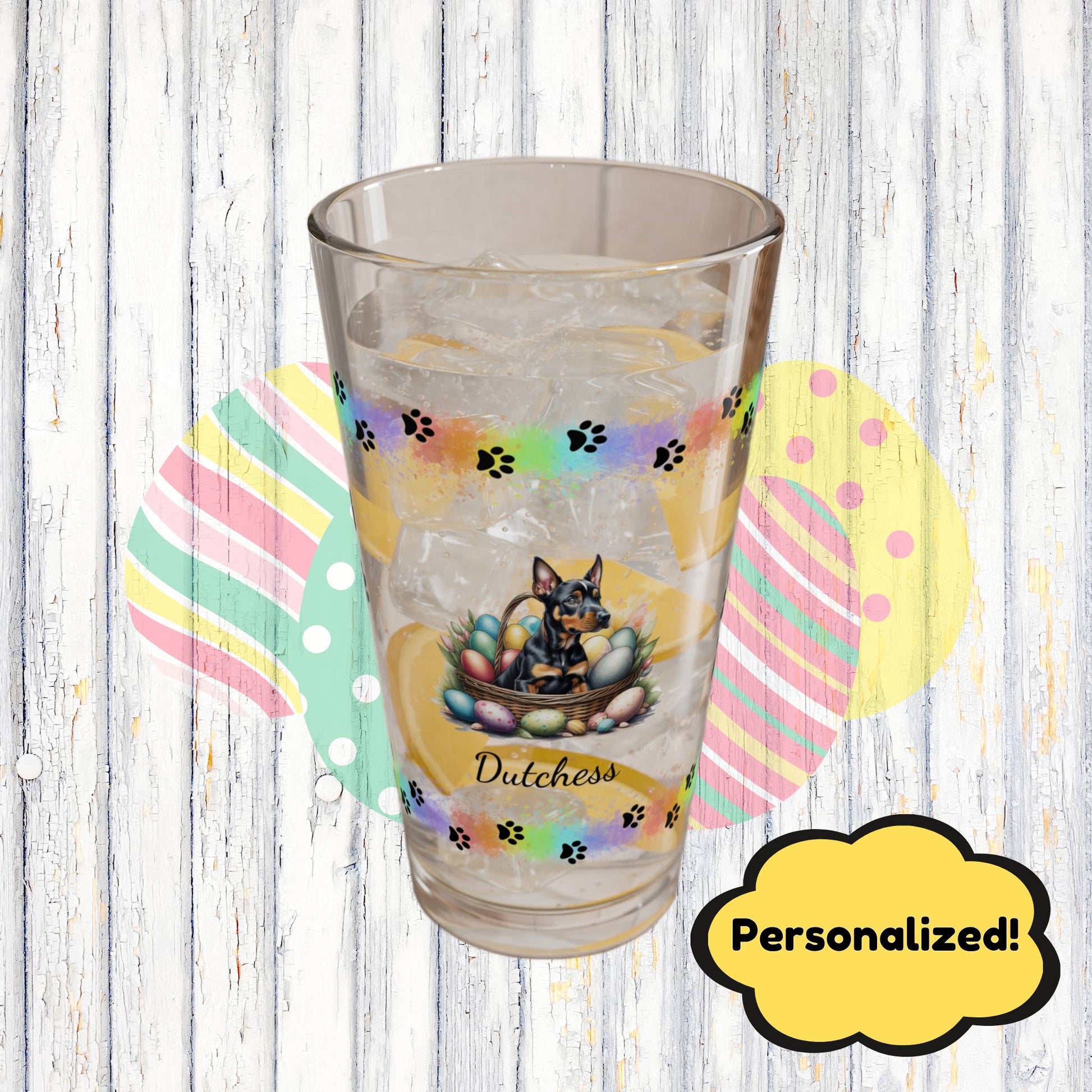 Doberman Personalized Easter Puppy 16oz Pint Glass - Custom Dog Design, Mental Health Gift, Easter Décor, and Festive Celebrations