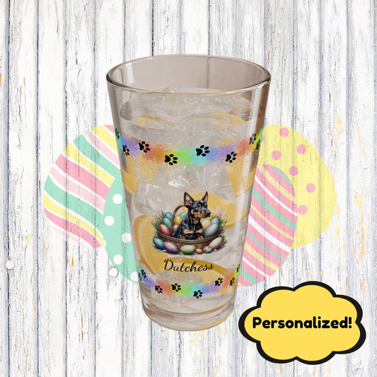 Doberman Personalized Easter Puppy 16oz Pint Glass - Custom Dog Design, Mental Health Gift, Easter Décor, and Festive Celebrations