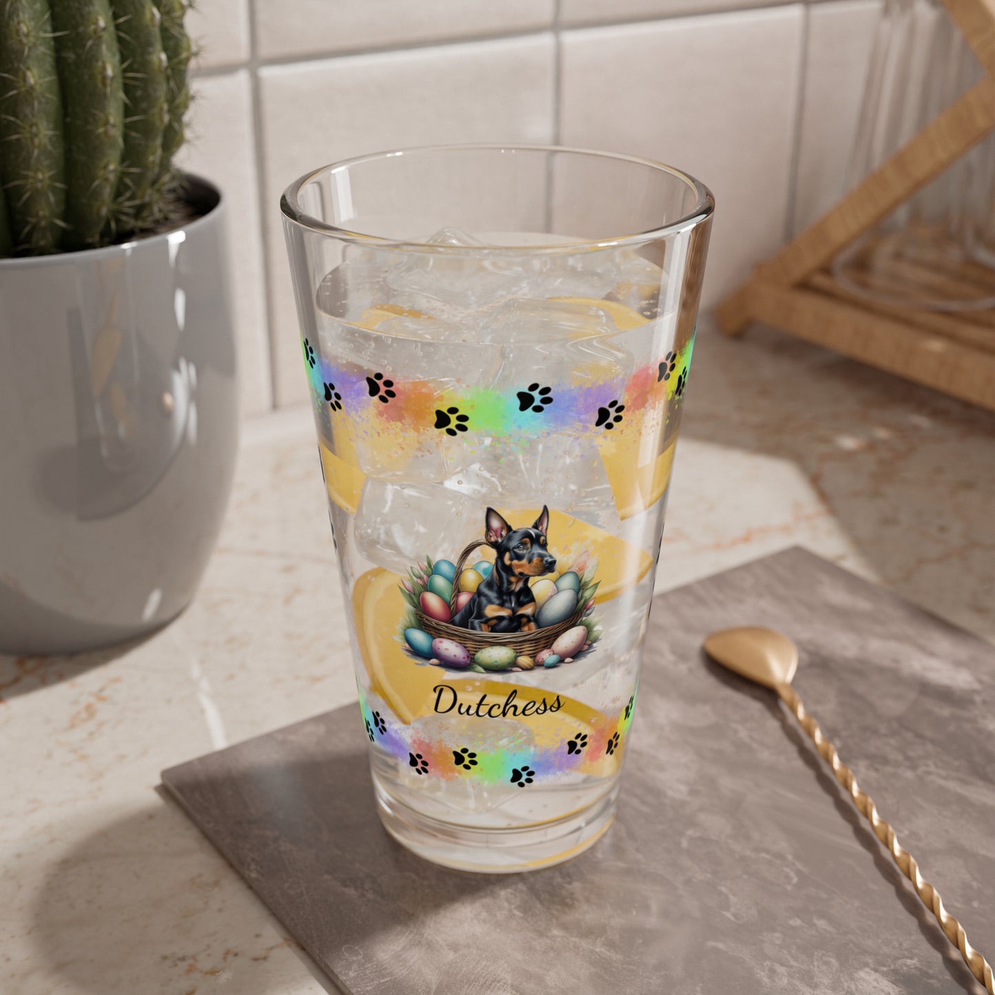 Doberman Personalized Easter Puppy 16oz Pint Glass - Custom Dog Design, Mental Health Gift, Easter Décor, and Festive Celebrations