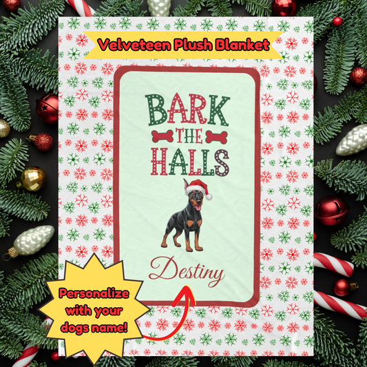 Doberman Pinscher (Black & Rust) Personalized Velveteen Plush Blanket - "Bark The Halls" | Cozy Holiday Gift for Dog Lovers