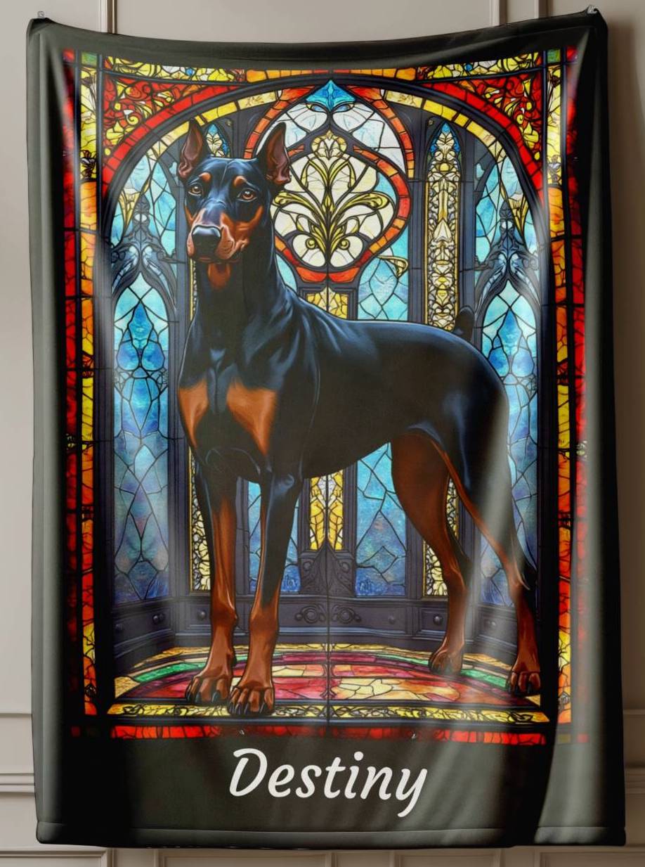 Doberman Pinscher (Black & Rust) Velveteen Plush Stained Glass Dog Blanket, Pet Lover Gift