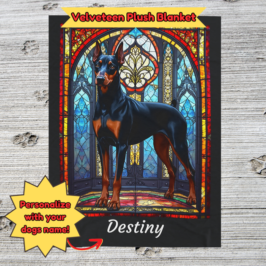 Doberman Pinscher (Black & Rust) Velveteen Plush Stained Glass Dog Blanket, Pet Lover Gift