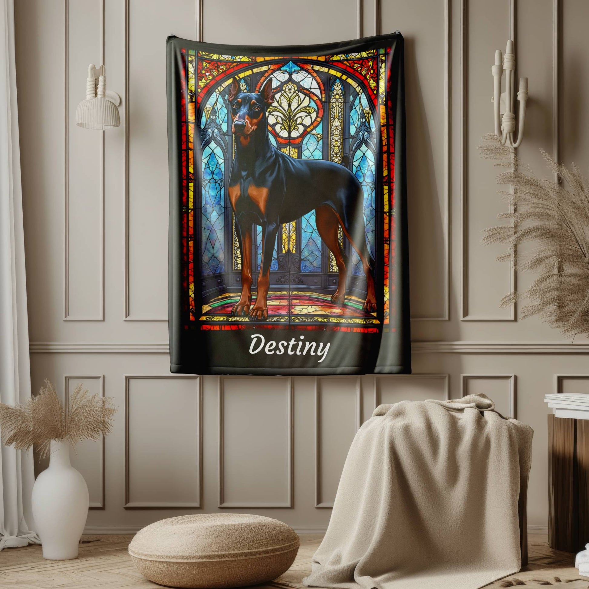 Doberman Pinscher (Black & Rust) Velveteen Plush Stained Glass Dog Blanket, Pet Lover Gift
