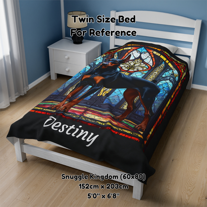Doberman Pinscher (Black & Rust) Velveteen Plush Stained Glass Dog Blanket, Pet Lover Gift