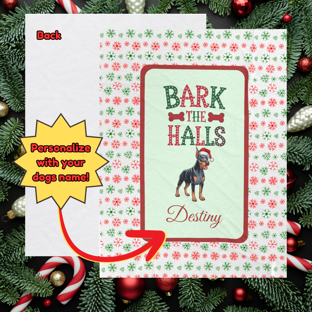Doberman Pinscher (Blue & Rust) Personalized Velveteen Plush Blanket - "Bark The Halls" | Cozy Holiday Gift for Dog Lovers