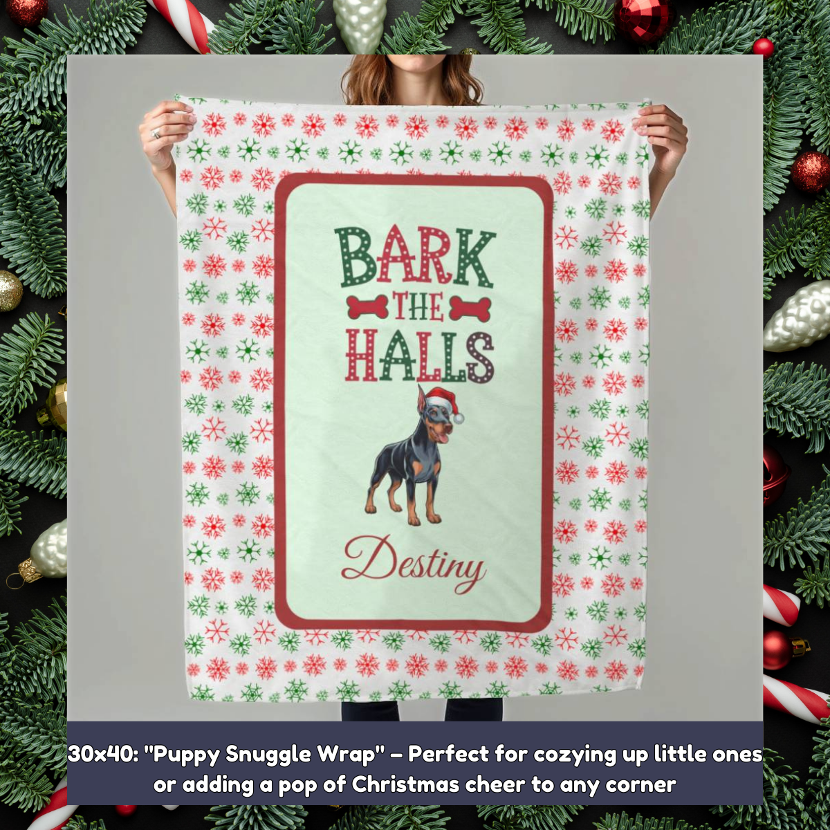 Doberman Pinscher (Blue & Rust) Personalized Velveteen Plush Blanket - "Bark The Halls" | Cozy Holiday Gift for Dog Lovers