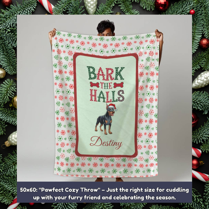 Doberman Pinscher (Blue & Rust) Personalized Velveteen Plush Blanket - "Bark The Halls" | Cozy Holiday Gift for Dog Lovers