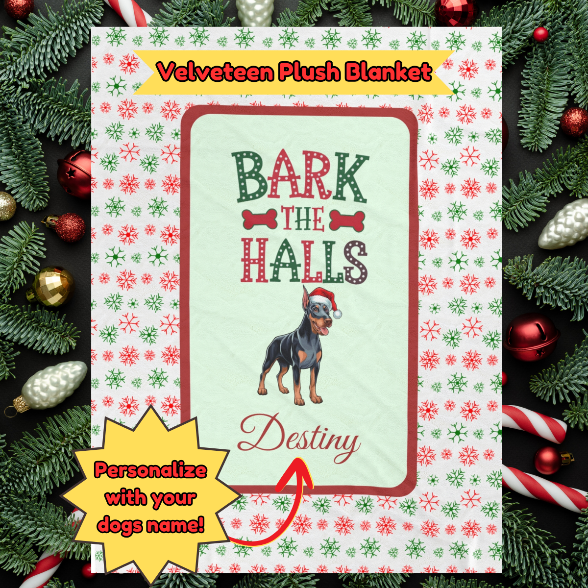 Doberman Pinscher (Blue & Rust) Personalized Velveteen Plush Blanket - "Bark The Halls" | Cozy Holiday Gift for Dog Lovers