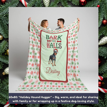 Doberman Pinscher (Blue & Rust) Personalized Velveteen Plush Blanket - "Bark The Halls" | Cozy Holiday Gift for Dog Lovers