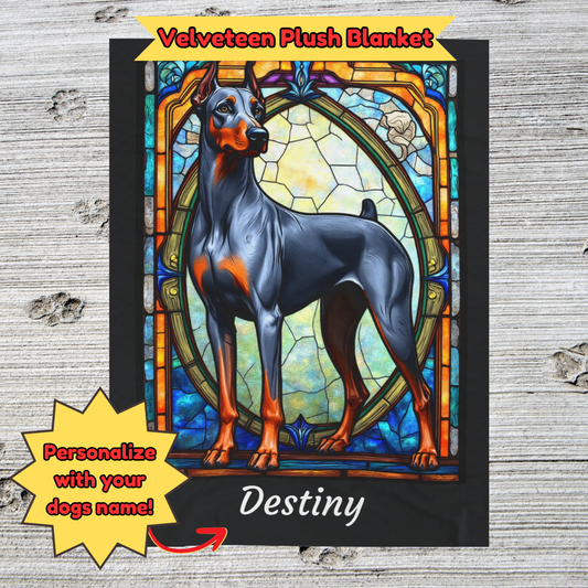 Doberman Pinscher (Blue & Rust) Velveteen Plush Stained Glass Dog Blanket, Pet Lover Gift