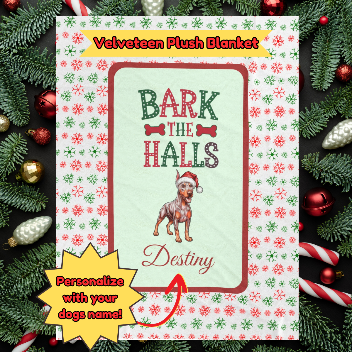 Doberman Pinscher (Fawn/Isabella & Rust) Personalized Velveteen Plush Blanket - "Bark The Halls" | Cozy Holiday Gift for Dog Lovers