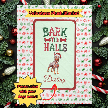 Doberman Pinscher (Fawn/Isabella & Rust) Personalized Velveteen Plush Blanket - "Bark The Halls" | Cozy Holiday Gift for Dog Lovers