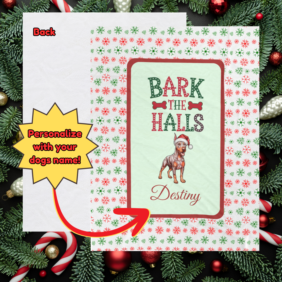 Doberman Pinscher (Fawn/Isabella & Rust) Personalized Velveteen Plush Blanket - "Bark The Halls" | Cozy Holiday Gift for Dog Lovers