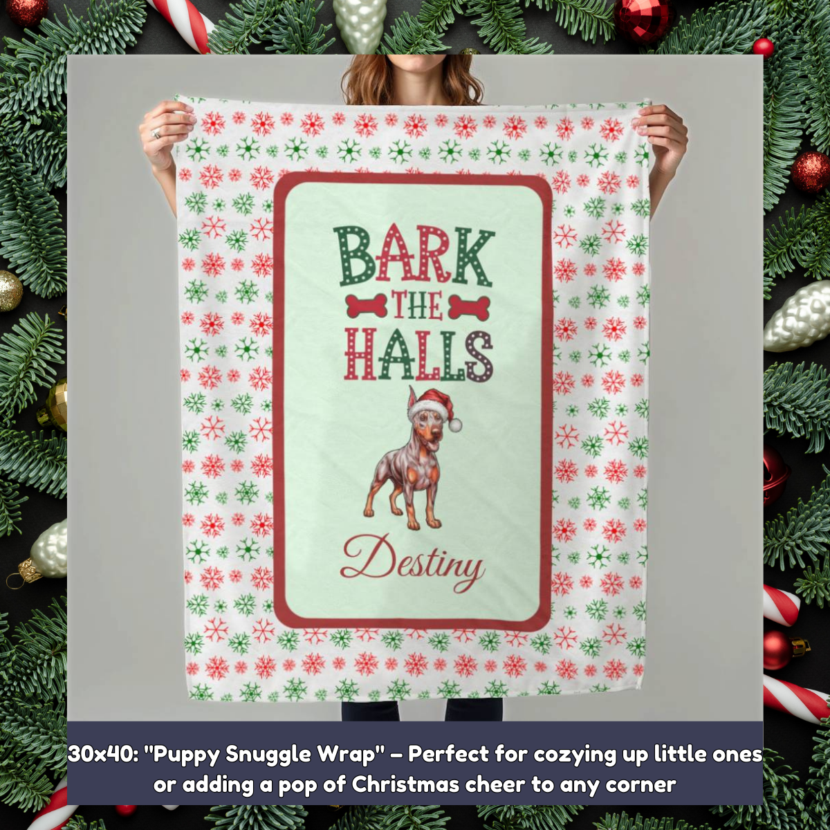 Doberman Pinscher (Fawn/Isabella & Rust) Personalized Velveteen Plush Blanket - "Bark The Halls" | Cozy Holiday Gift for Dog Lovers