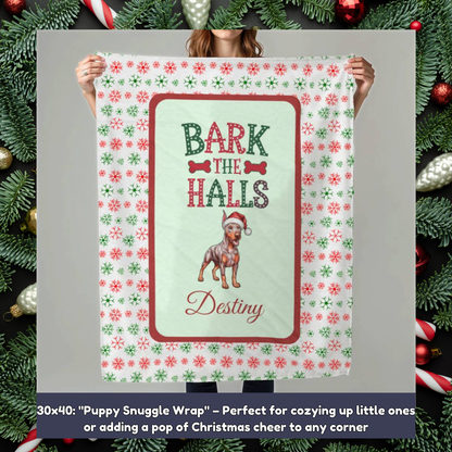 Doberman Pinscher (Fawn/Isabella & Rust) Personalized Velveteen Plush Blanket - "Bark The Halls" | Cozy Holiday Gift for Dog Lovers