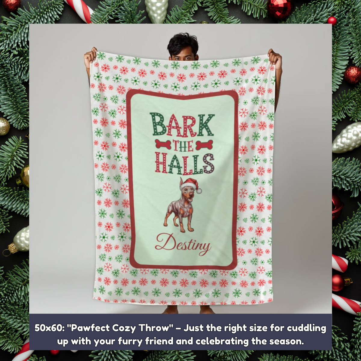 Doberman Pinscher (Fawn/Isabella & Rust) Personalized Velveteen Plush Blanket - "Bark The Halls" | Cozy Holiday Gift for Dog Lovers