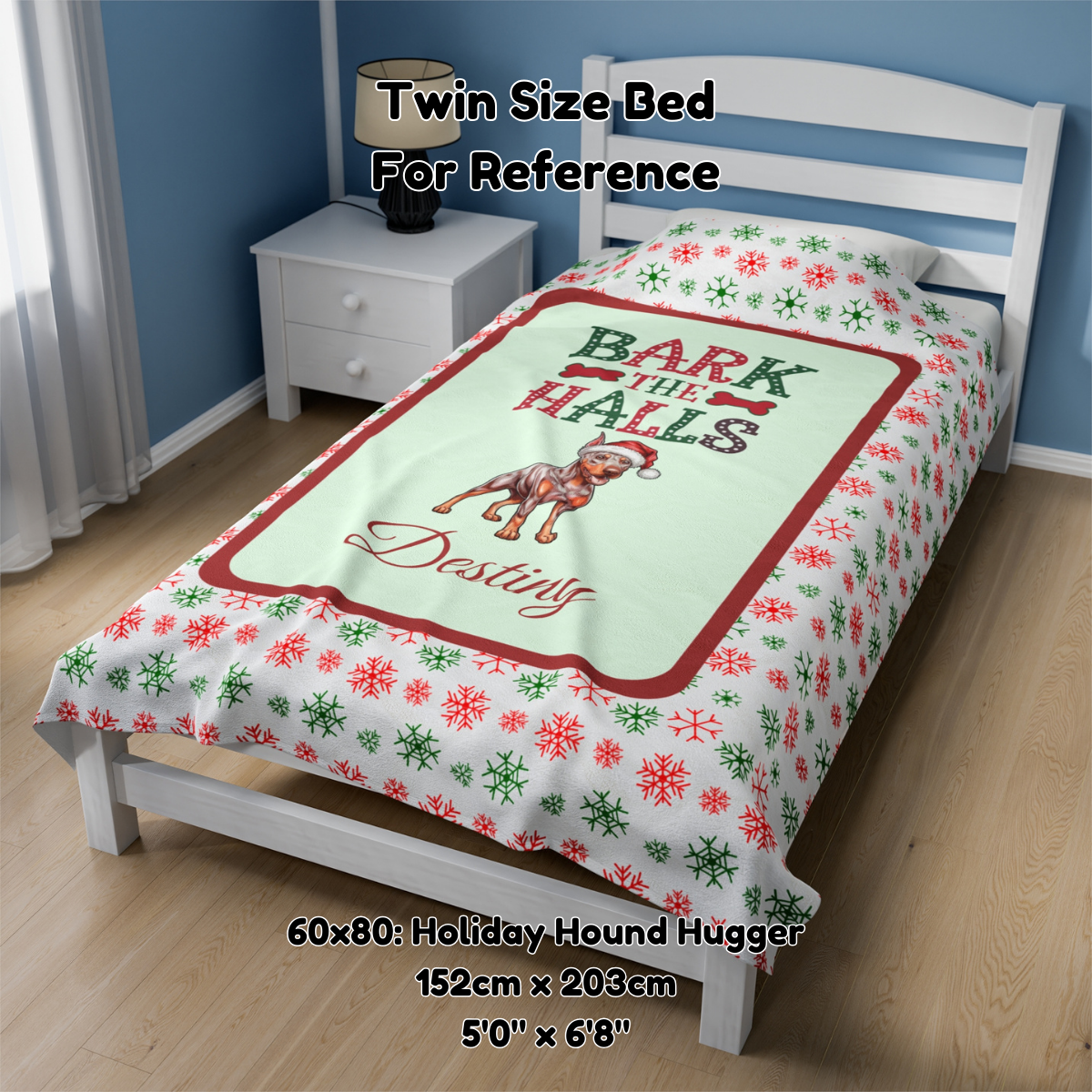 Doberman Pinscher (Fawn/Isabella & Rust) Personalized Velveteen Plush Blanket - "Bark The Halls" | Cozy Holiday Gift for Dog Lovers