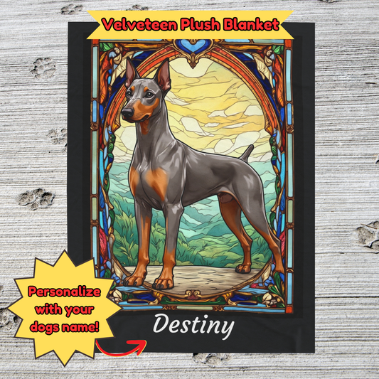 Doberman Pinscher (Fawn/Isabella & Rust) Velveteen Plush Stained Glass Dog Blanket, Pet Lover Gift