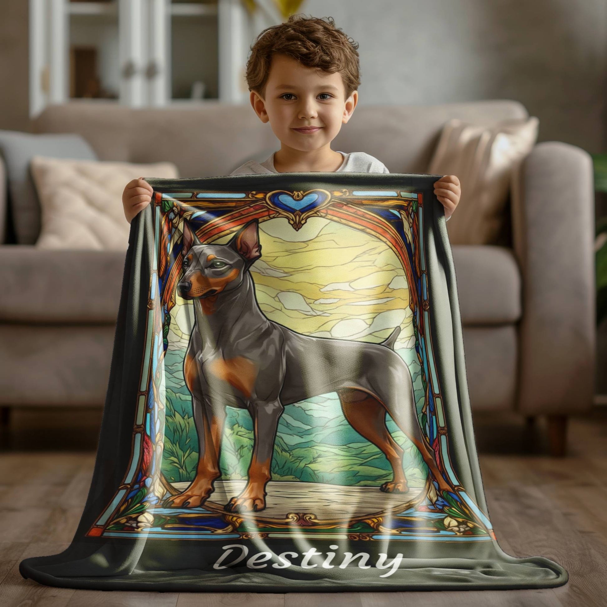 Doberman Pinscher (Fawn/Isabella & Rust) Velveteen Plush Stained Glass Dog Blanket, Pet Lover Gift
