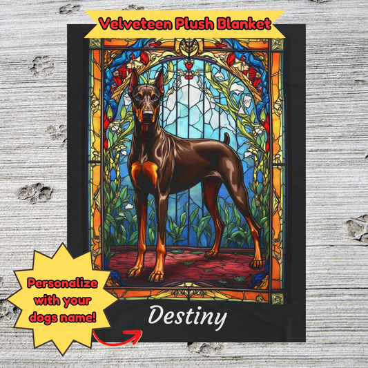 Doberman Pinscher (Red & Rust) Velveteen Plush Stained Glass Dog Blanket, Pet Lover Gift
