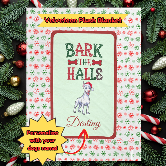 Doberman Pinscher (White) Personalized Velveteen Plush Blanket - "Bark The Halls" | Cozy Holiday Gift for Dog Lovers