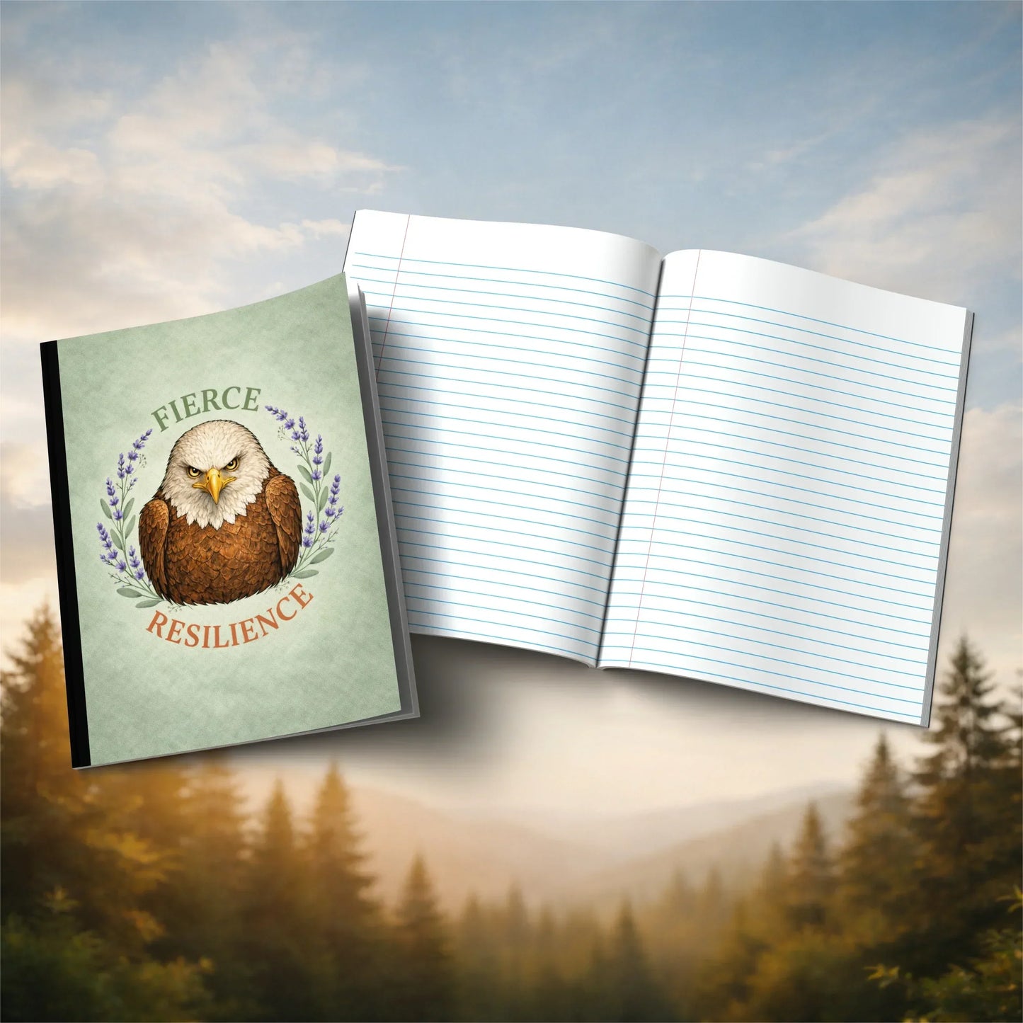 Shop our raptor resilience eagle themed composition notebook featuring the Black style option from MySisterIsASurvivor.