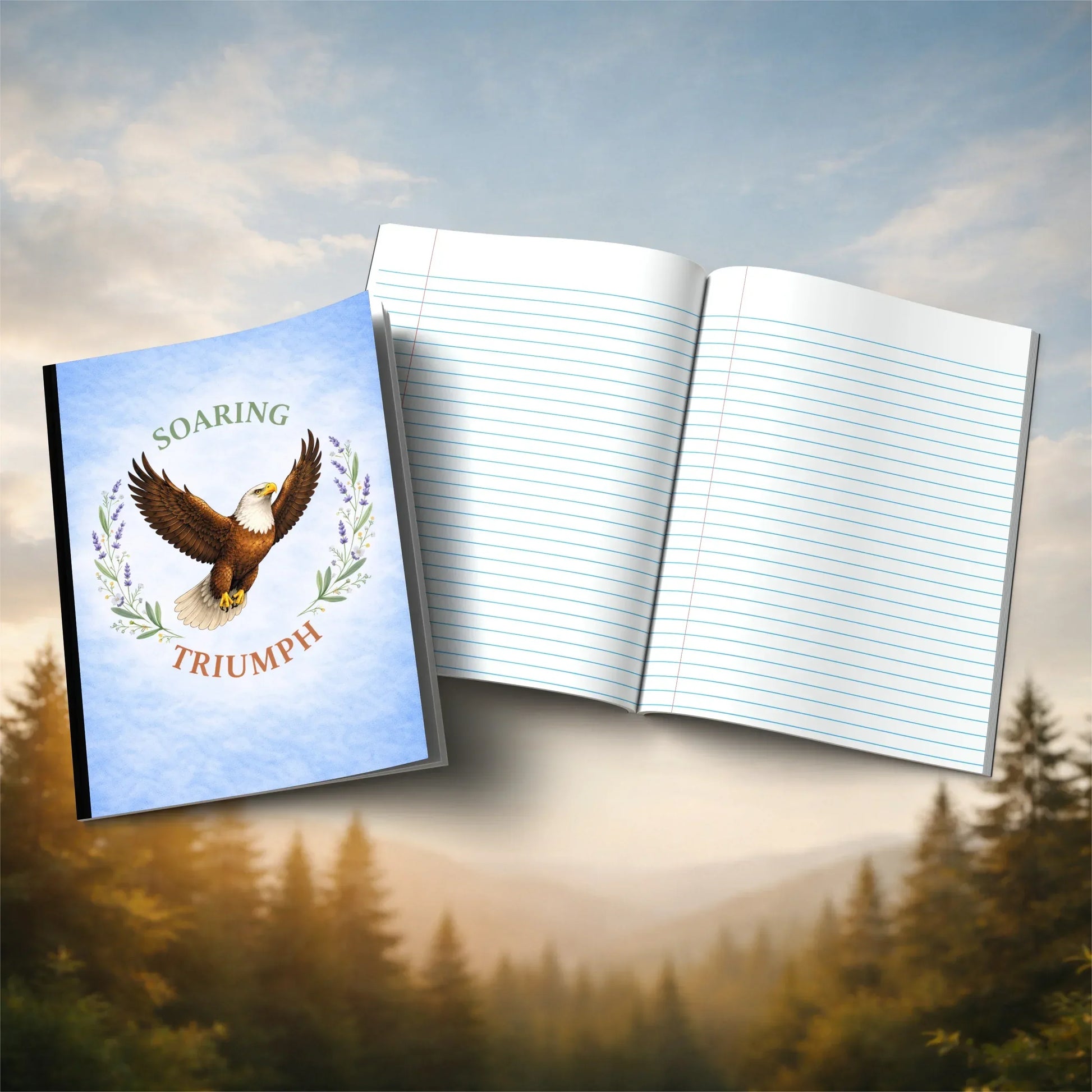 Shop our soaring eagle triumph eagle themed composition notebook featuring the Black style option from MySisterIsASurvivor.