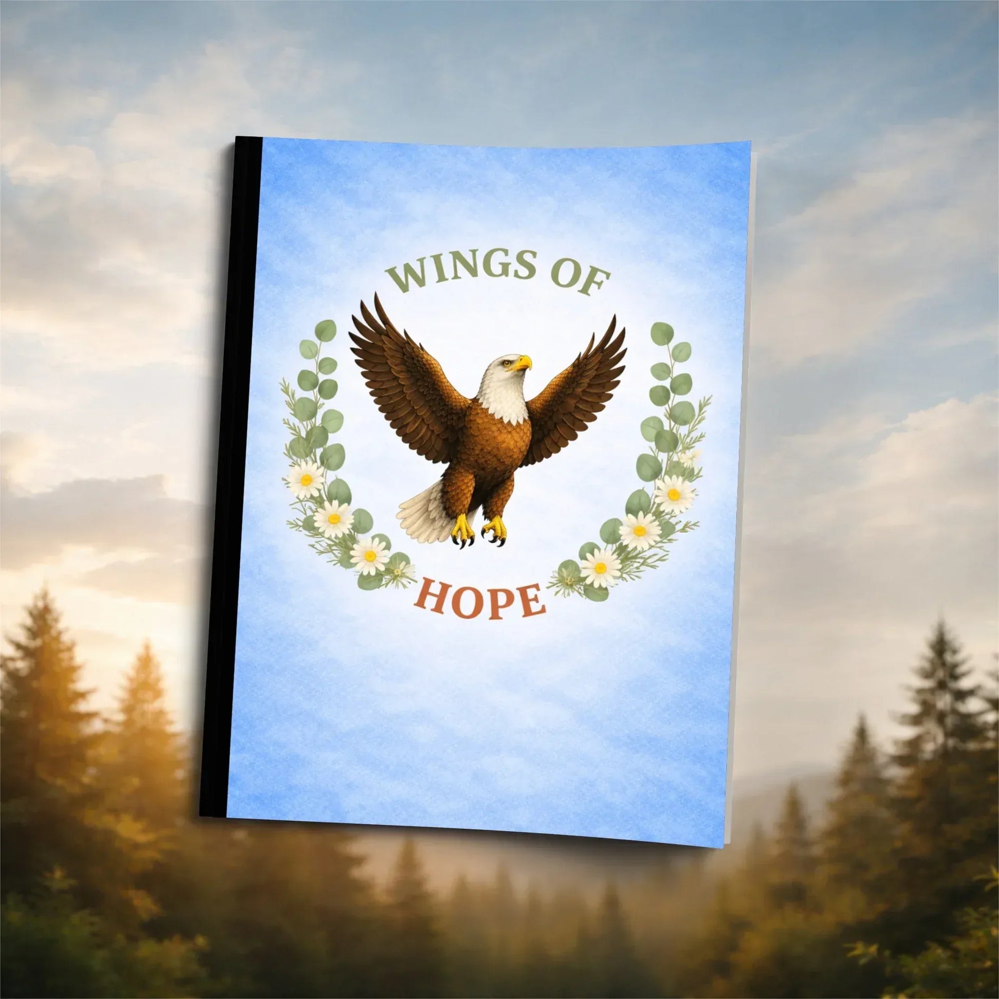 Shop our inspirational eagle flight eagle themed composition notebook featuring the Standard Blue style option from MySisterIsASurvivor.