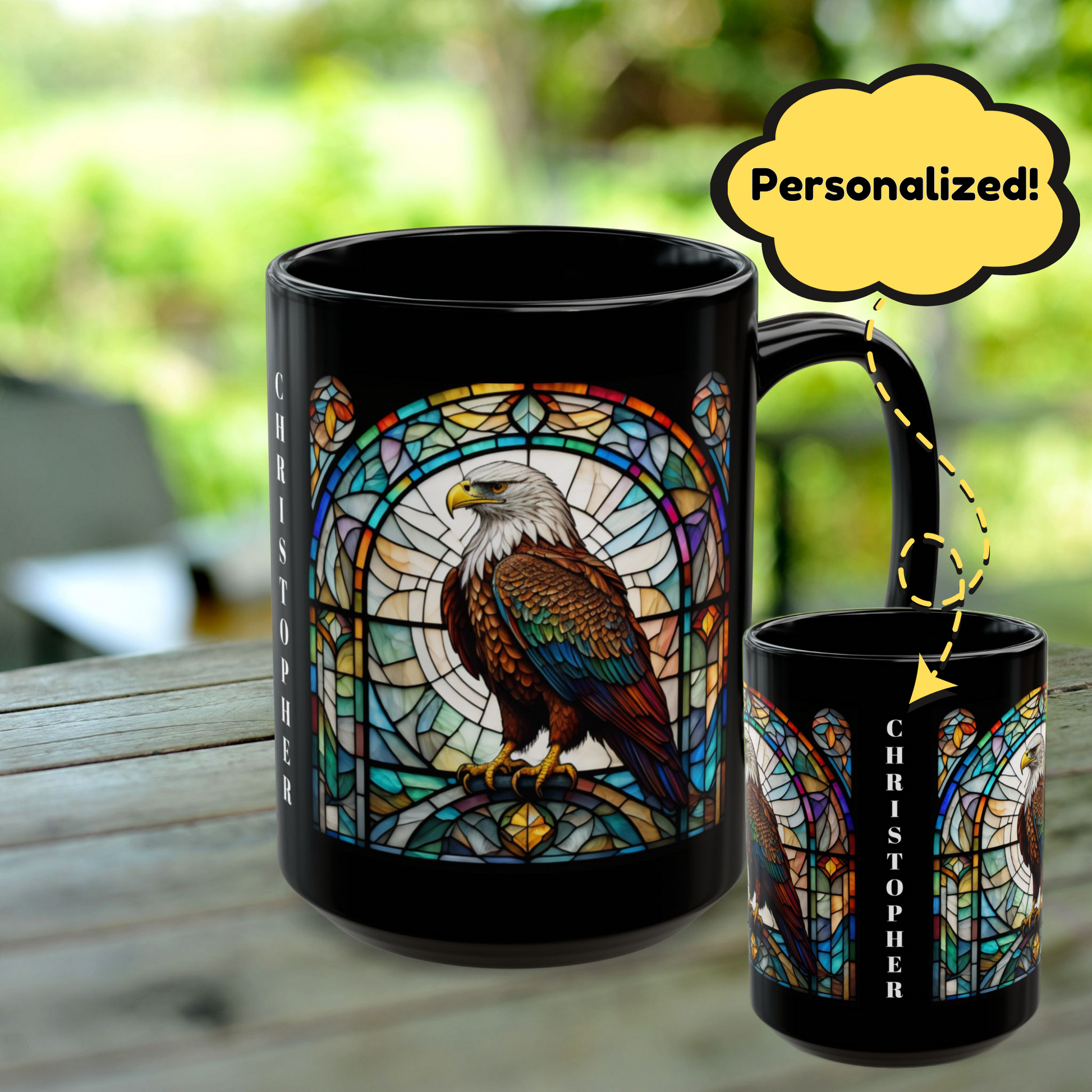 Eagle Personalized Mug, Stained Glass Zoo Animal Design, Unique Ceramic Gift for Wildlife Lovers, Coffee, Tea, & Hot Chocolate Cup