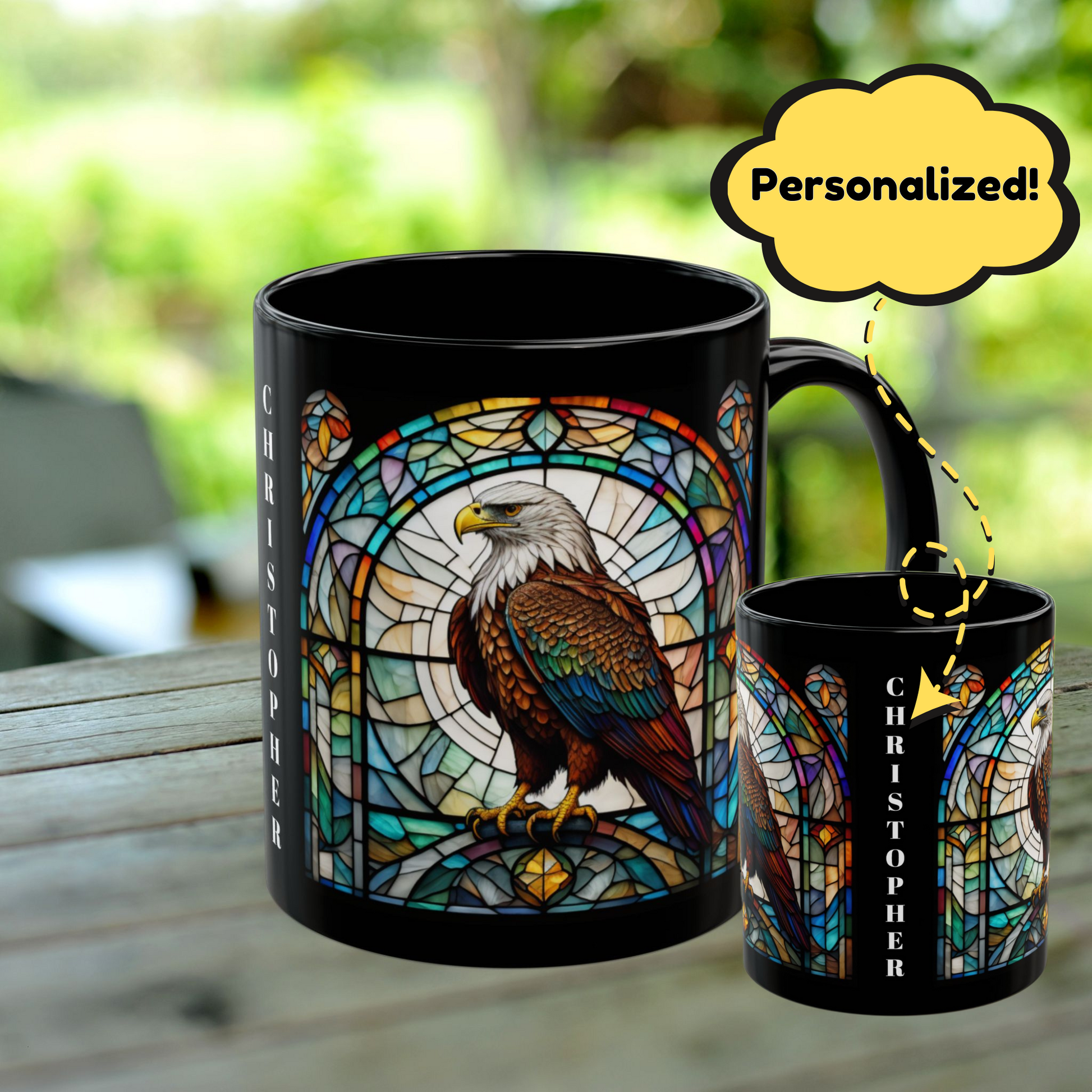 Eagle Personalized Mug, Stained Glass Zoo Animal Design, Unique Ceramic Gift for Wildlife Lovers, Coffee, Tea, & Hot Chocolate Cup