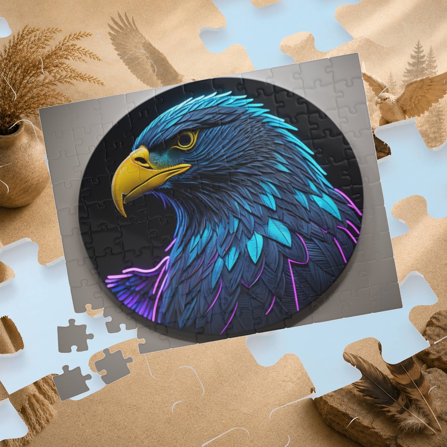 Eagle Vision Triumph - Neon Bald Eagle Portrait Puzzle with Teal and Purple Feathers on Dark Background