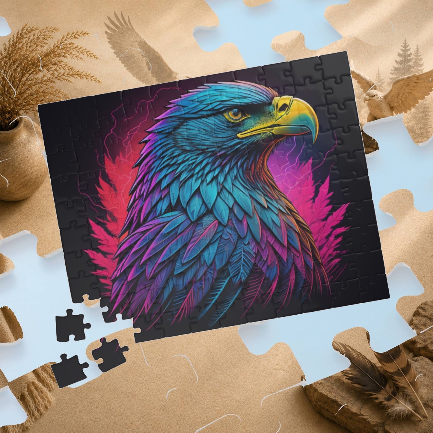Triumphant Talons - Blacklight Neon Eagle Head Puzzle with Teal and Purple Feathers on Deep Black