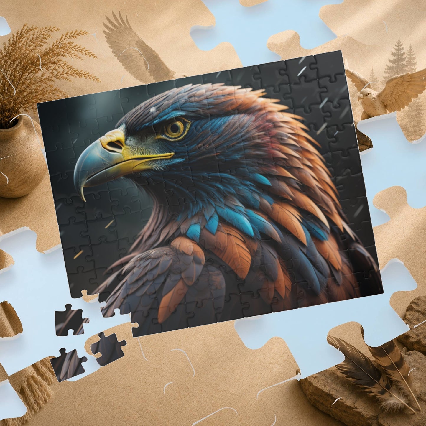 Eagle's Inspiration - Naturalistic Eagle Portrait Puzzle with Warm Brown Feathers and Stormy Background