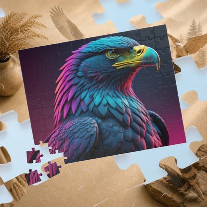 Eagle's Fortitude - Neon Eagle Portrait Puzzle with Teal and Pink-Purple Feathers on Dark Gradient