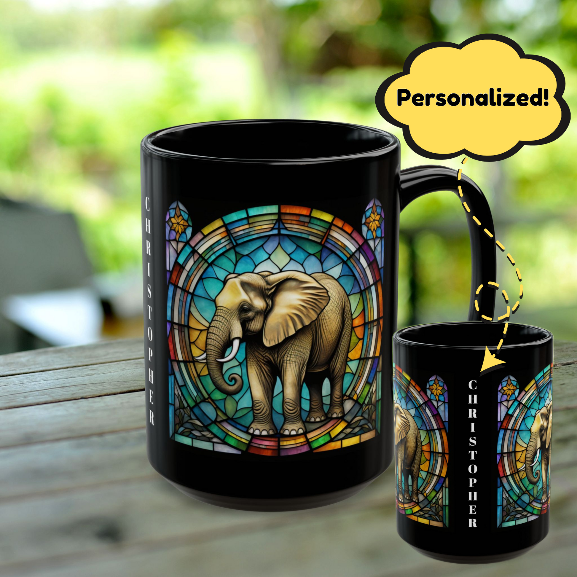 Elephant Bear Personalized Mug, Stained Glass Zoo Animal Design, Unique Ceramic Gift for Wildlife Lovers, Coffee, Tea, & Hot Chocolate Cup
